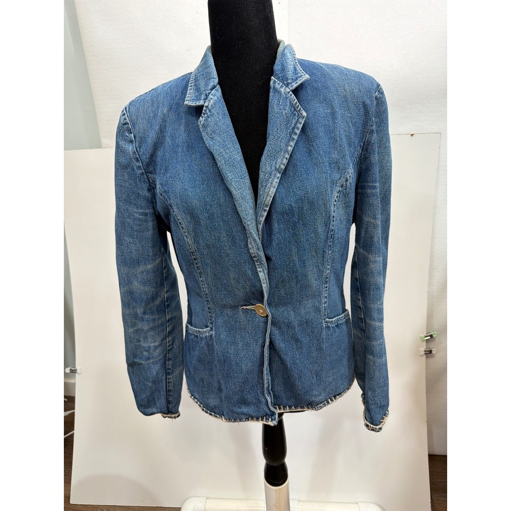 CLIO Denim Blazer Jacket Blue Button Front‎ Cropped Distressed Women Size 10
